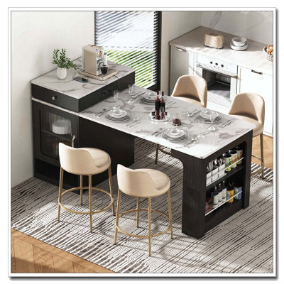 59.5"Kitchen Island With Extendable Dining Table, Kitchen Storage Table With Double-Sided Storage, Kitchen Island With 2 Drawers, Power Outlet, Side Open Shelves, For Kitchen
