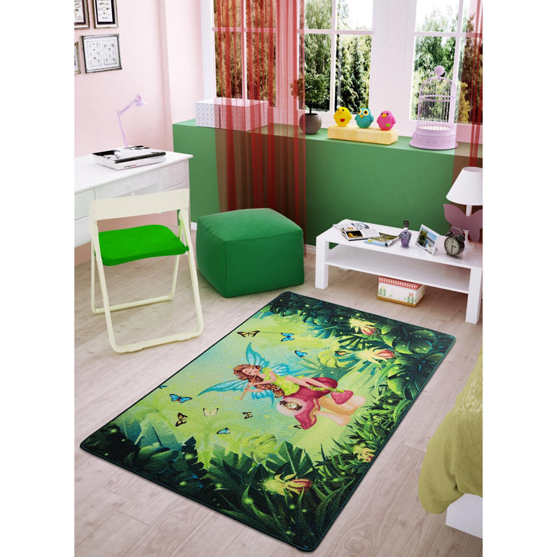 Tapis rectangulaire en polyamide touffeté à la machine en vert / jaune / rouge Arusha, Rectangle 3 pi 3 po x 4 pi 11 po