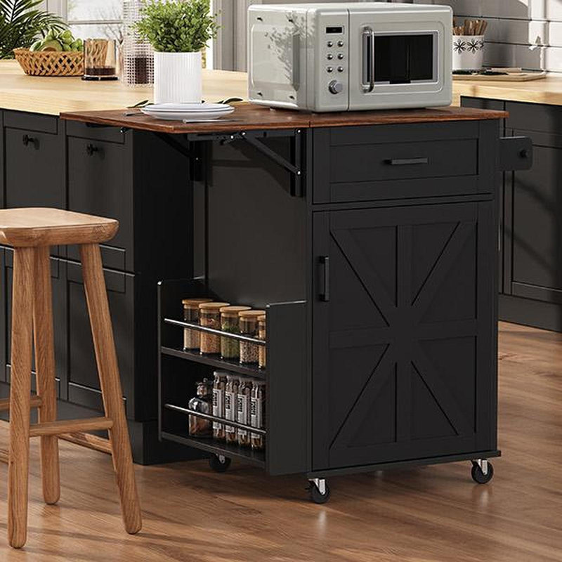 Îlot de cuisine de 39,3 po avec abattant, îlot de rangement avec support latéral ouvert, un tiroir, porte-serviettes, chariot de cuisine à roulettes avec roues verrouillables, noir
