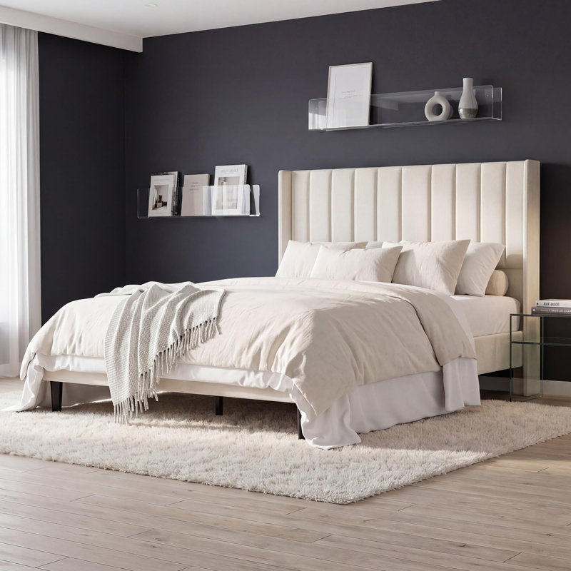 Structure de lit grand format en velours avec tête de lit à oreilles de 52 po de hauteur, espace de rangement beige sous le lit, tête de lit haute, style Morden, assemblage simple, dossier rembourré confortable
