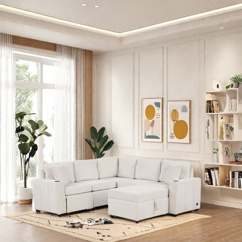 Canapé-lit modulaire convertible avec repose-pieds, ports USB et porte-gobelets - Canapé modulaire en chenille avec rangement caché et coussins amovibles