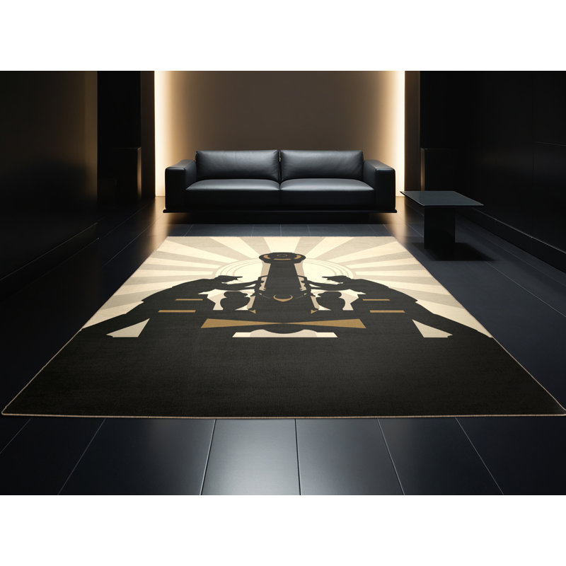 Soft Plush Duran Cannon Crew Art Deco Arc Area Rug in Brown – Beige Binding, 5x7