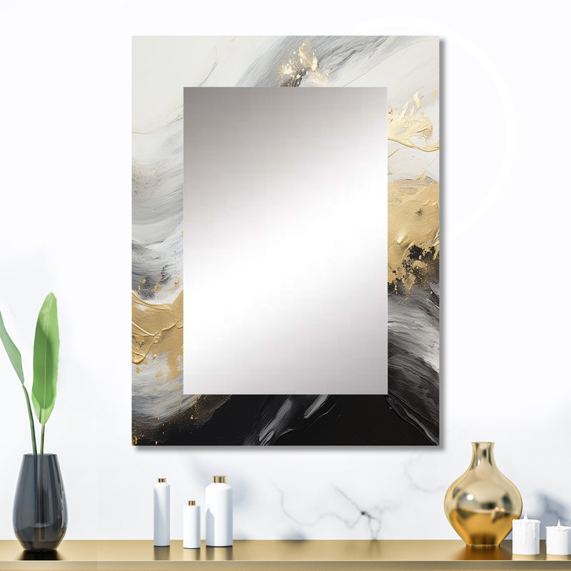 Doré et noir Soft Wave Fusion III - miroir de formes abstraites uniques, grand miroir mural beige, impression d'art en métal