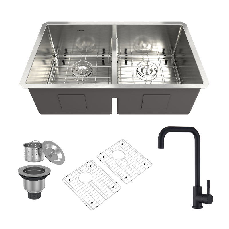 Évier de cuisine à double cuve en acier inoxydable encastrable avec robinet de cuisine L 33 po x l 19 po, Noir mat