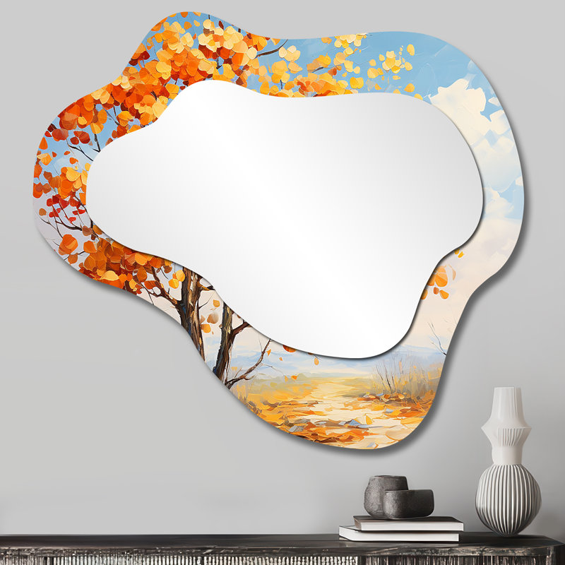 Orange orange Basswood Essence IV - grand miroir mural nuage d'arbre, miroir décoratif asymétrique orange, impression d'art en métal
