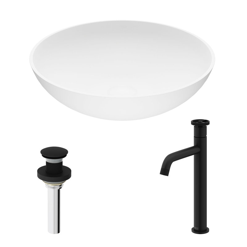 Lavabo de salle de bain vasque rond blanc mat Stone ™ avec robinet H 12 po L 16 po x l 16 po x H 5 po Lotus