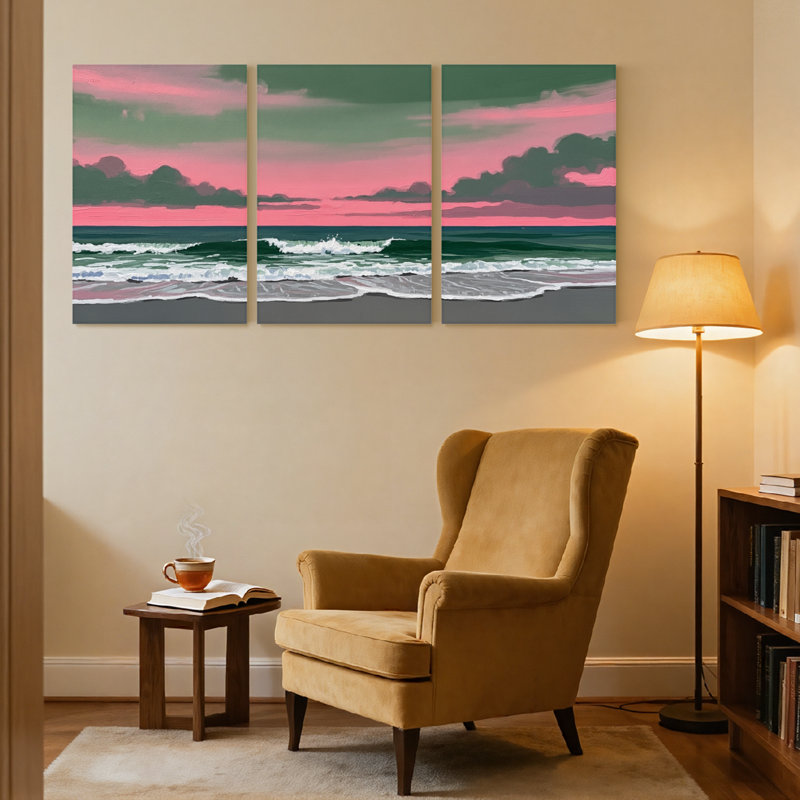 Nautique et plage, vagues océaniques, coucher de soleil, ciel, plage, horizon, couleurs, ensemble de 3 impressions sur toile