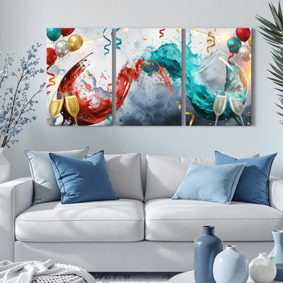 Ensemble de 3 tableaux abstraits sur toile représentant des verres à vin et des ballons, pour la décoration du salon et de la chambre.
