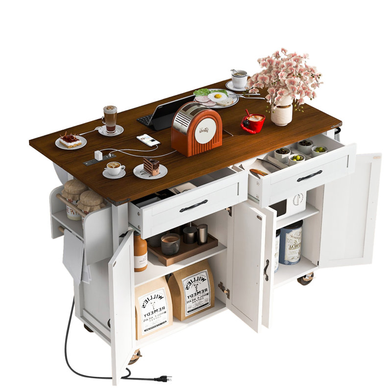 53.5''Farmhouse Kitchen Island With Power Outlet, White