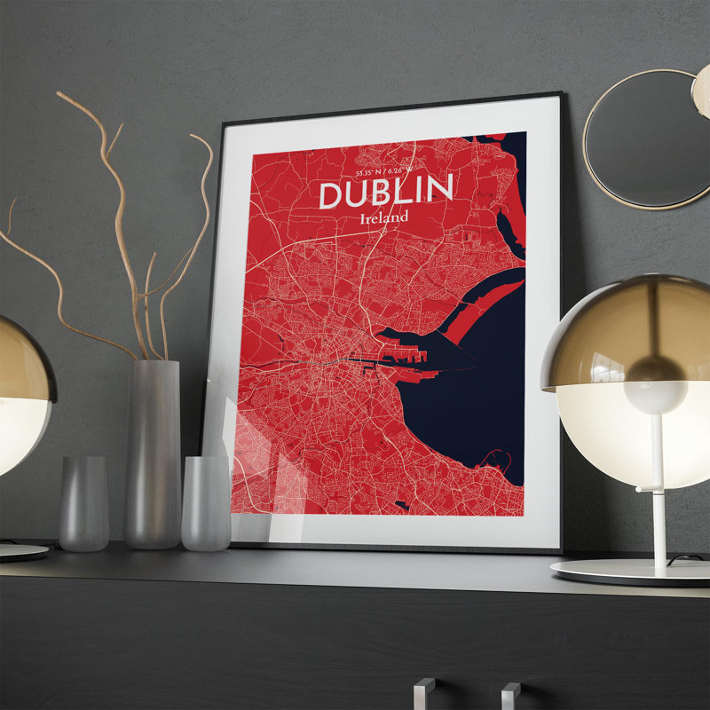 «Dublin City Map», impression de luxe, H 24 po x l 18 po, Rouge / bleu marine