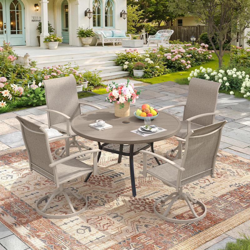 4-Person Outdoor Round Patio Dining Set With Swivel Chairs, Gray Woodlike/Black/Cream