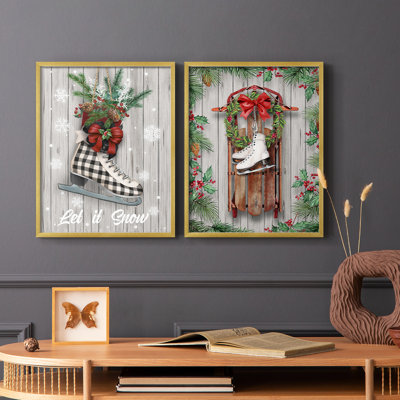 Patins de Noël - reproduction encadrée de qualité supérieure - prêt à être accroché - aucun clou requis - aucun clou requis