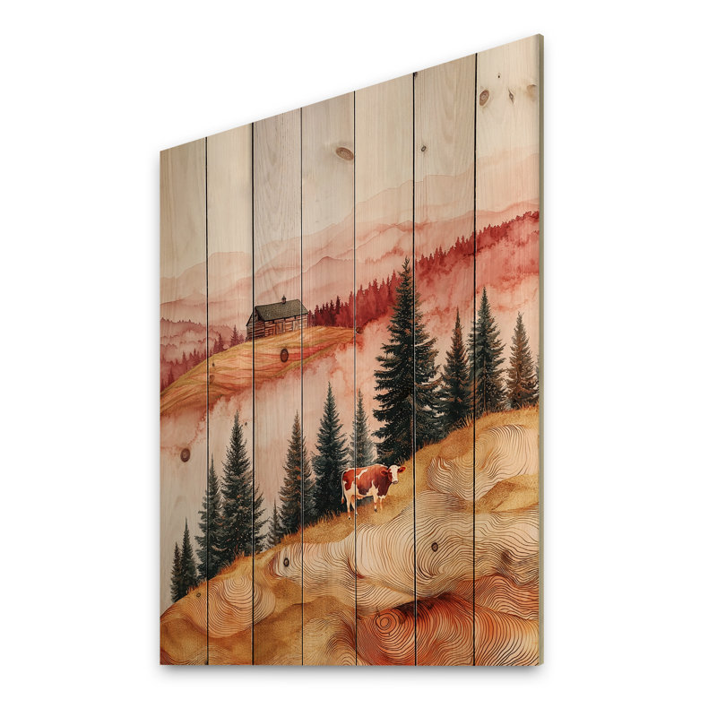 Autumn Barn With Cow Field Landscape II - Cow Animal Wood Wall Art - On Natural Pine Wood, 44" H x 34" W x 0.78" D