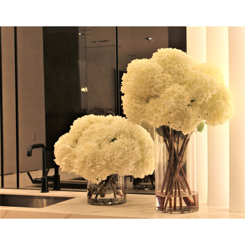 White Hydrangeas In Clear Glass Cylinder Vase, White, 16" H x 18" W x 18" D