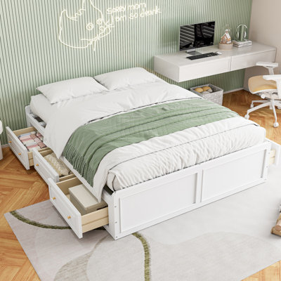Grand lit plateforme en bois avec 6 tiroirs de rangement, plateforme en bois robuste, blanc