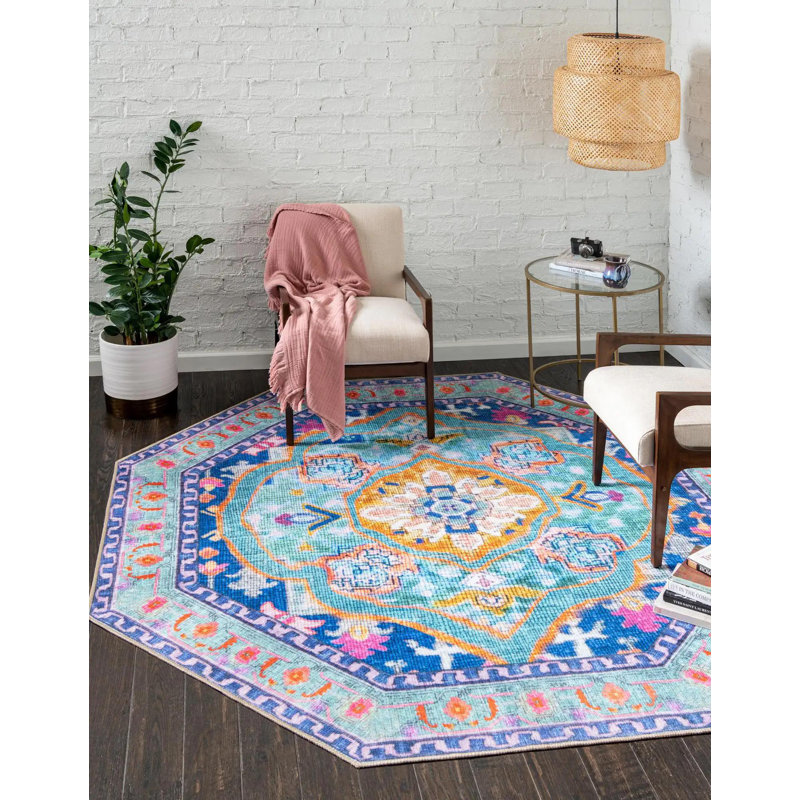 Tapis transitionnel de couleur bleu-or, Octogone 5 pi 3 po