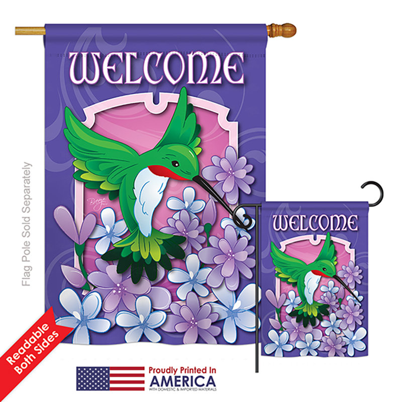 « welcome hummingbird », le polyester de 2 côtés 40 x 28 po. drapeau de jardin