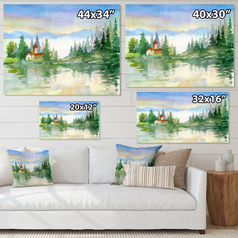 Paysage de rivière d'été avec arbres verts - Peinture sur toile, H 16 po x l 32 po, Toile tendue