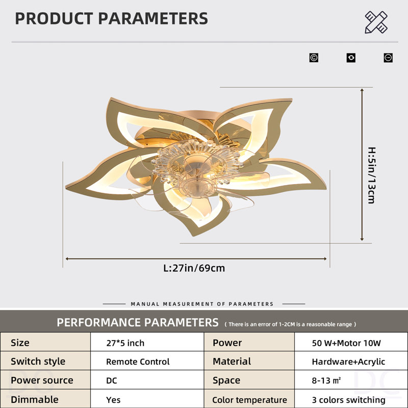 Ventilateur de plafond 27 pouces avec lumières, télécommande 3 températures de couleur, ventilateur à 6 vitesses