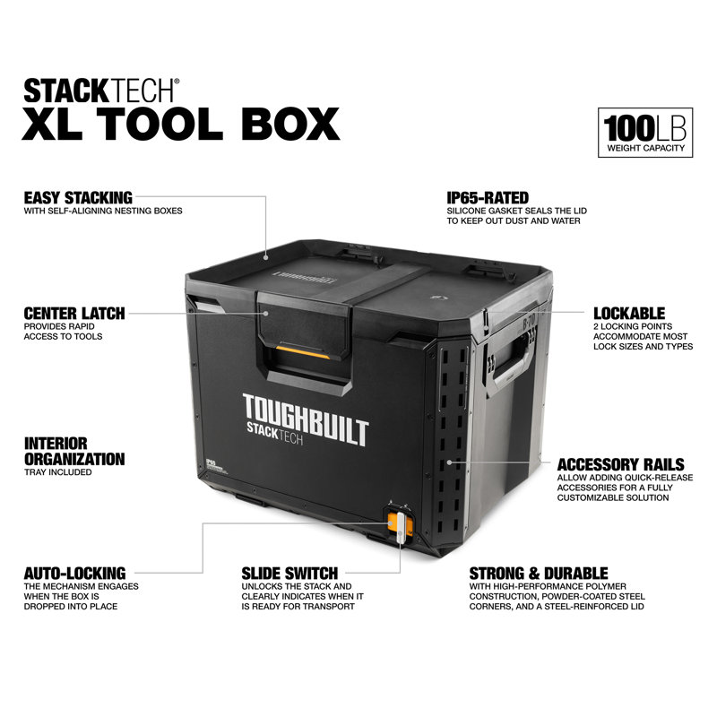 ToughBuilt StackTech Compact Tool Box Lockable Organizer with Removable Tray, 15.6" H x 21" W x 16" D