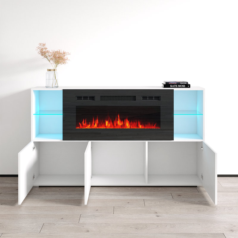 Camberlynn 63" Sideboard with Electric Fireplace, High Gloss Finish, White
