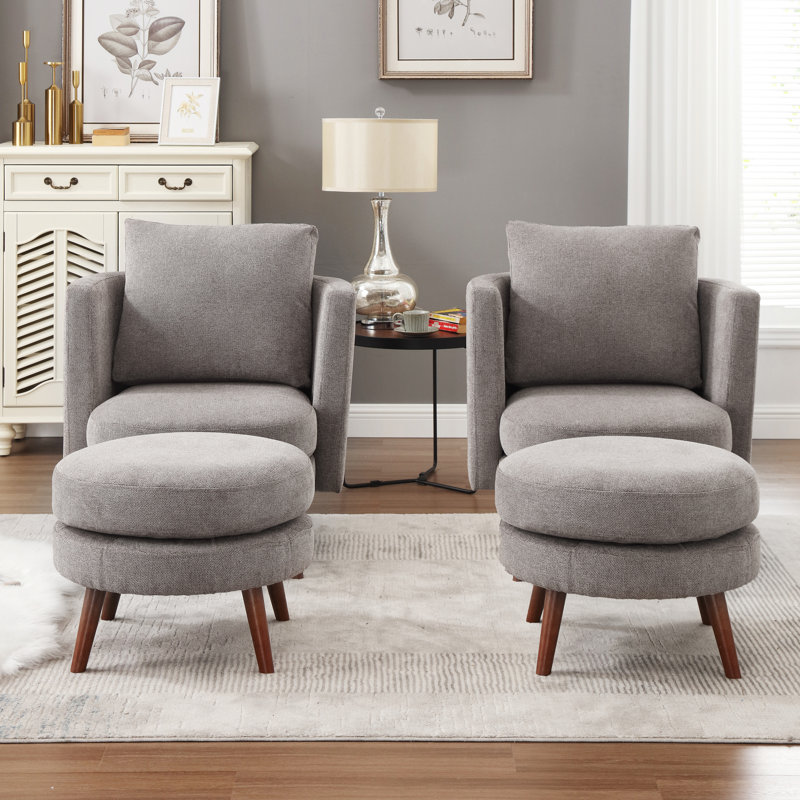 Kearah Upholstered Barrel Chair with Ottoman, Taupe, Walnut