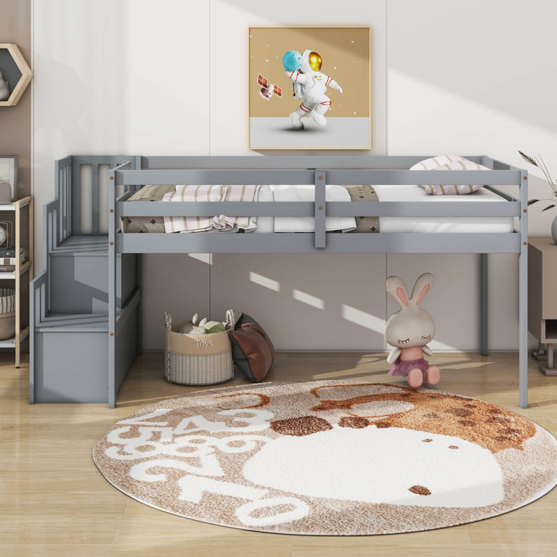 Twin Wooden Low Loft Beds With Two Step Stairs Storage, Gray