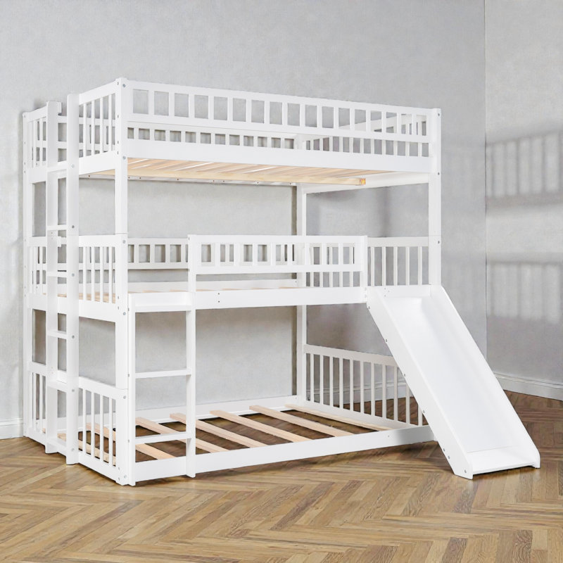 Full-Over-Full-Over-Full Triple Bunk Bed, Wood, Built-In Ladder & Slide, Contemporary, Kids & Teens Room, White