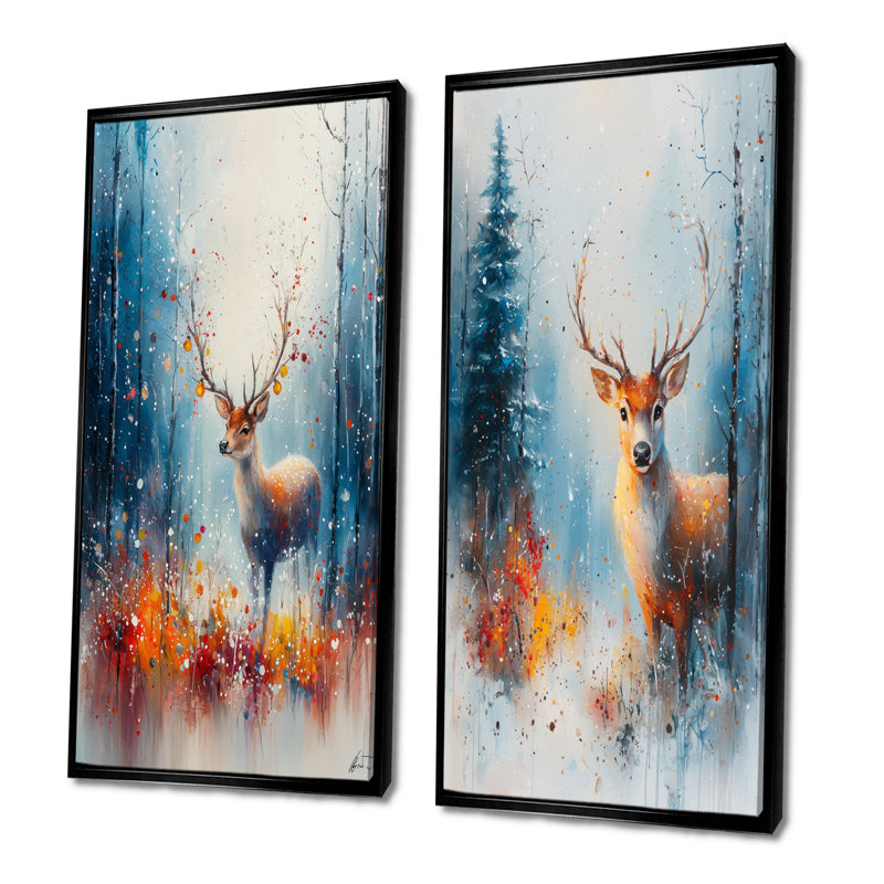 Ensemble de 2 pièces d'art mural orange avec renne de Noël I - Christmas Santa Deer, H 32 po x l 32 po, Cadre flottant noir