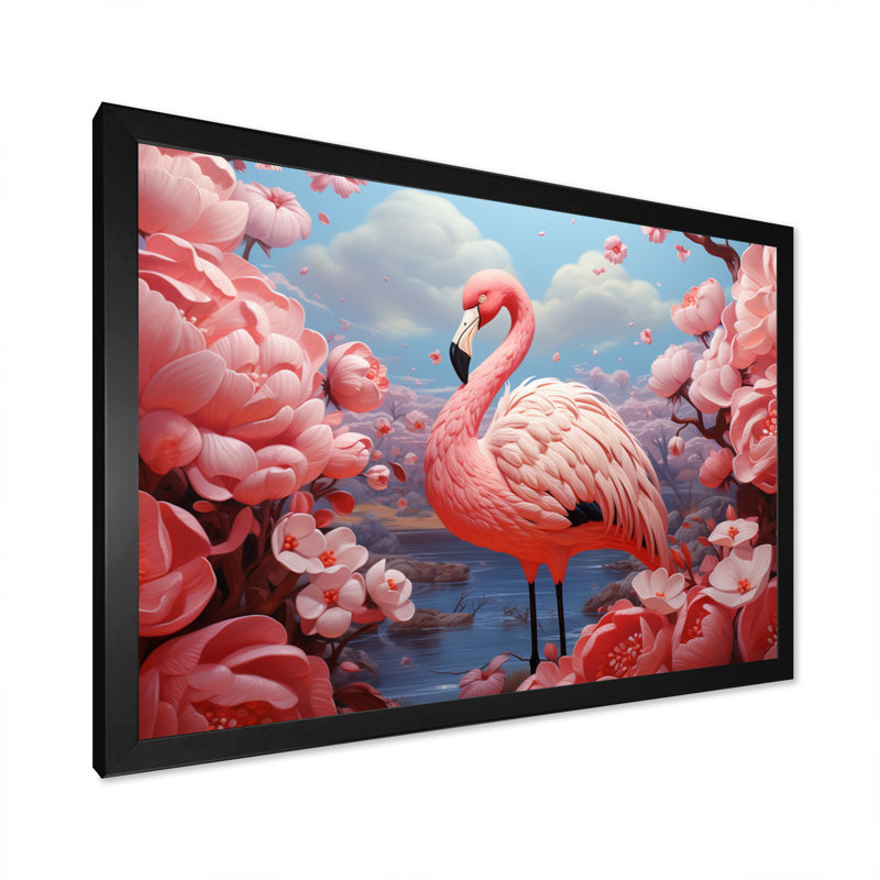 Atuf flamant rose Atuf - imprimé, Cadre simple noir, H 34 po x l 44 po x P 1,5 po