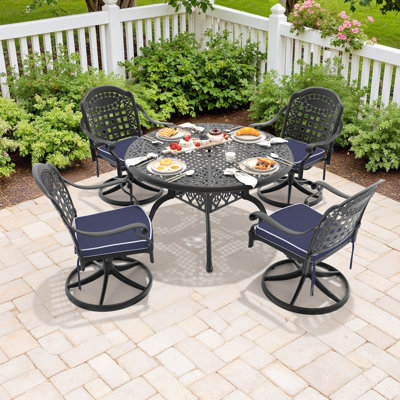5-Piece 48.03" Round Patio Dining Chairs with Umbrella Hole, 4 Swivel Chairs, Blue Cushions