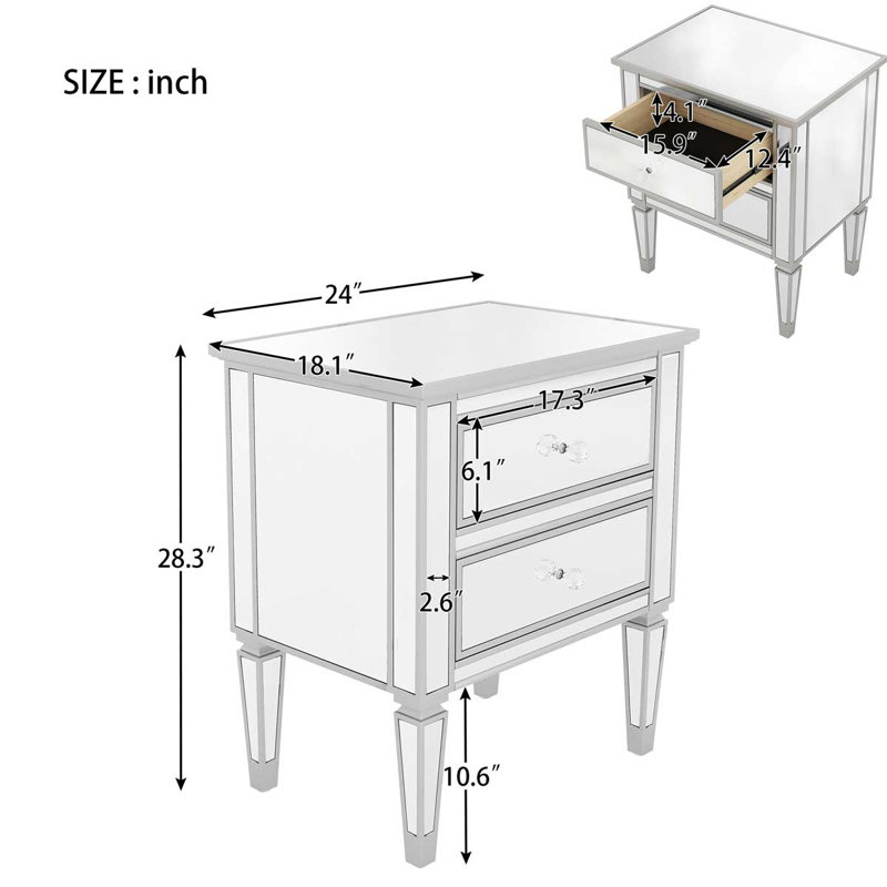 Commode 2 tiroirs en bois massif avec miroir Espejo