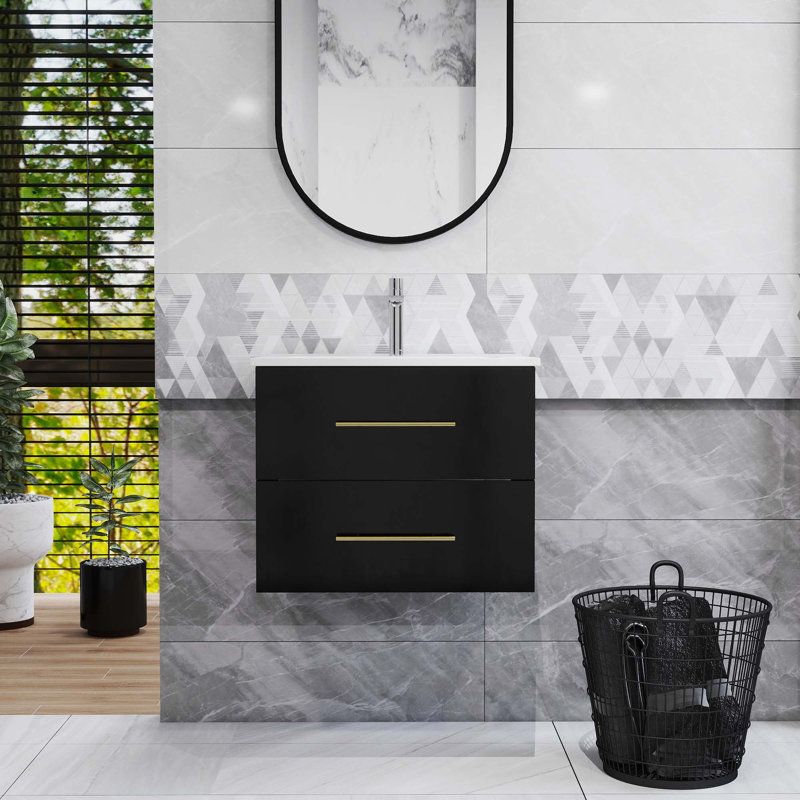 Meuble-lavabo mural brillant avec miroir, Noir, Doré, 24"