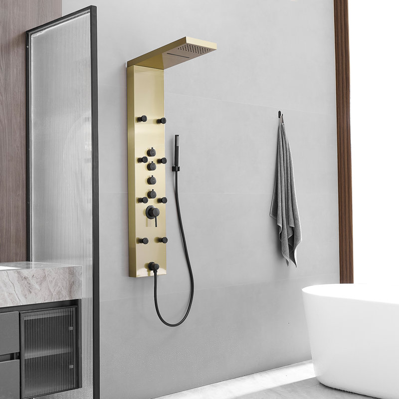 Système de panneau de tour de douche à inverseur 4 voies avec pomme de douche et main de douche en nickel brossé, Noir et or