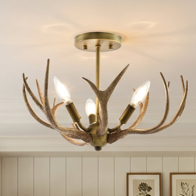 20" Rustic Faux Antler 3-Light Dimmable Semi-Flush Mount Ceiling Light, Brass Low-Profile Ceiling Light for Living Room and Bedroom