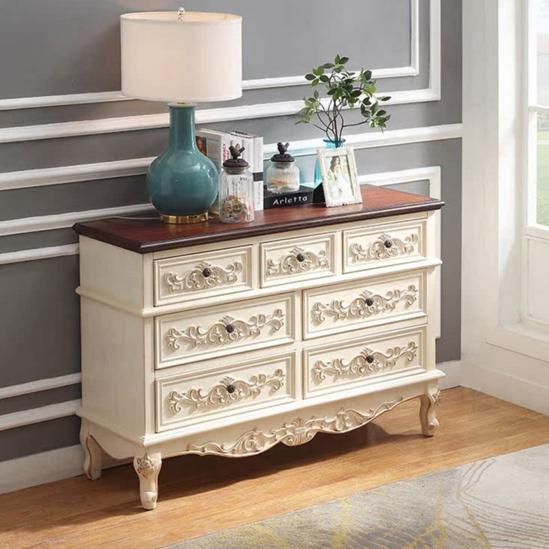 Commode décorative sculptée en bois massif à sept tiroirs, Blanc rétro