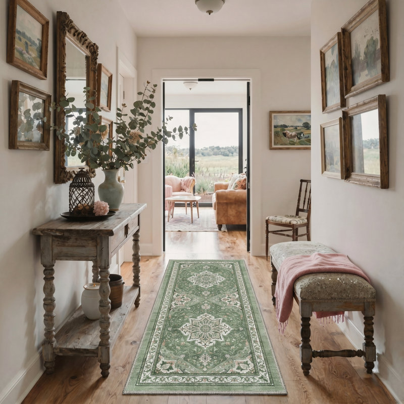 Abrahamson Neutral Oriental Floral Machine Washable Non Slip Green White Indoor Area Rug , Runner 2'6" x 8'