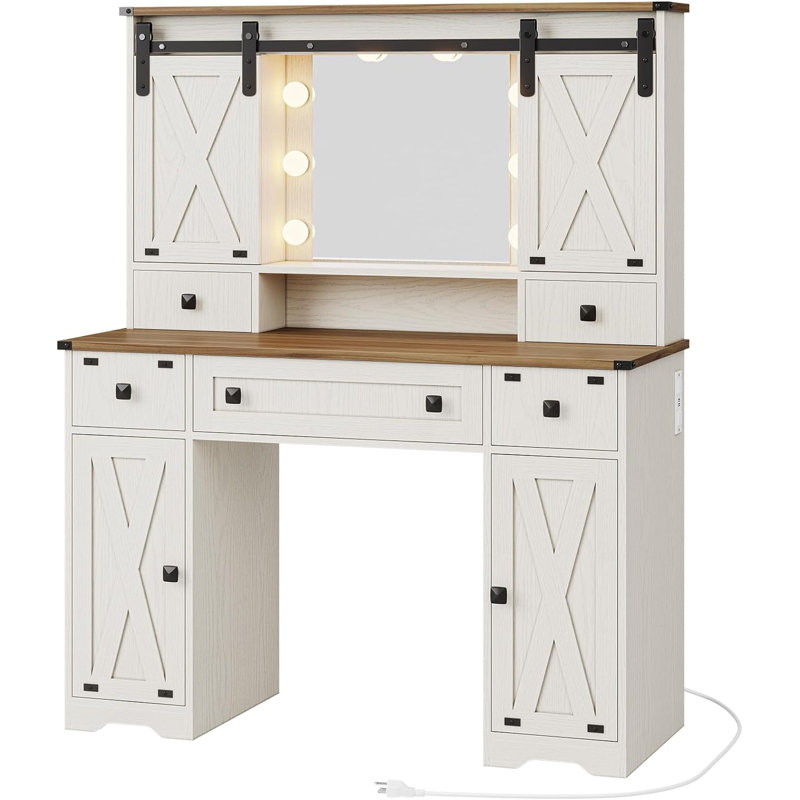 Farmhouse Vanity Desk With Mirror And Lights, White Makeup Dressing Vanity Table With Charging Station, Rustic Country Vanity Mirror With Sliding Barn Door 3 Lighting Modes Adjustable