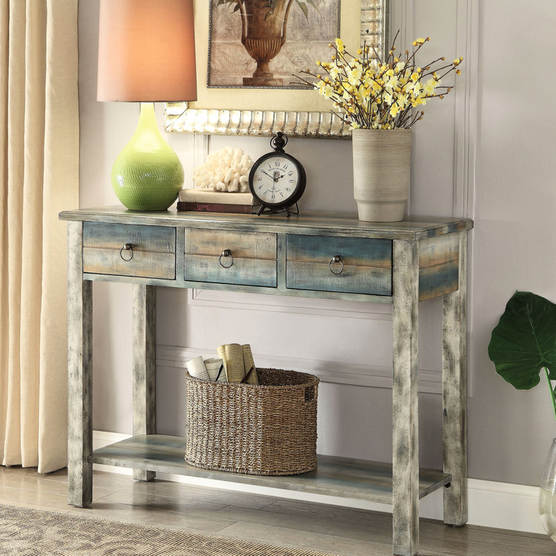 3 consoles en gris antique et bleu sarcelle pour le rangement décoratif en bois rétro avec tablette