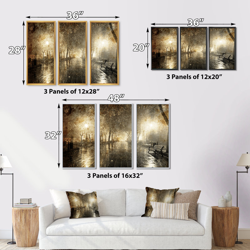 Night Alley with Lights - Ensemble d'art mural sur toile encadré paysage de 3, Noir, H 32 po x l 48 po