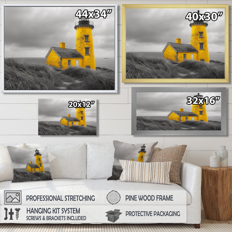 Photo de phare monochrome jaune au Canada II - phares, art mural, Black Picture Framed, H 16 po x l 32 po