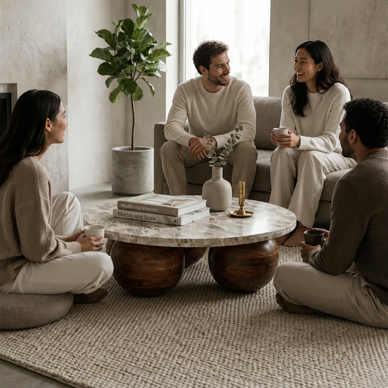 Modern Orbit Coffee Table with Solid Wooden Legs - Accent Centre Piece for Home And Living, Round Table