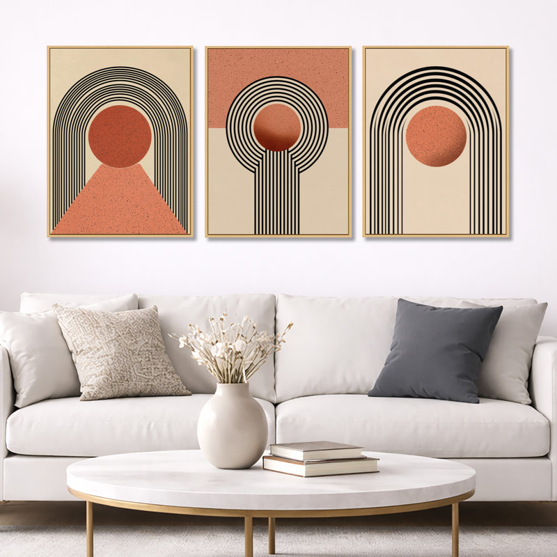 Vortex rétro orange et noir - décoration murale abstraite encadrée de style Mid-Century à 3 panneaux, H 32 po x l 72 po