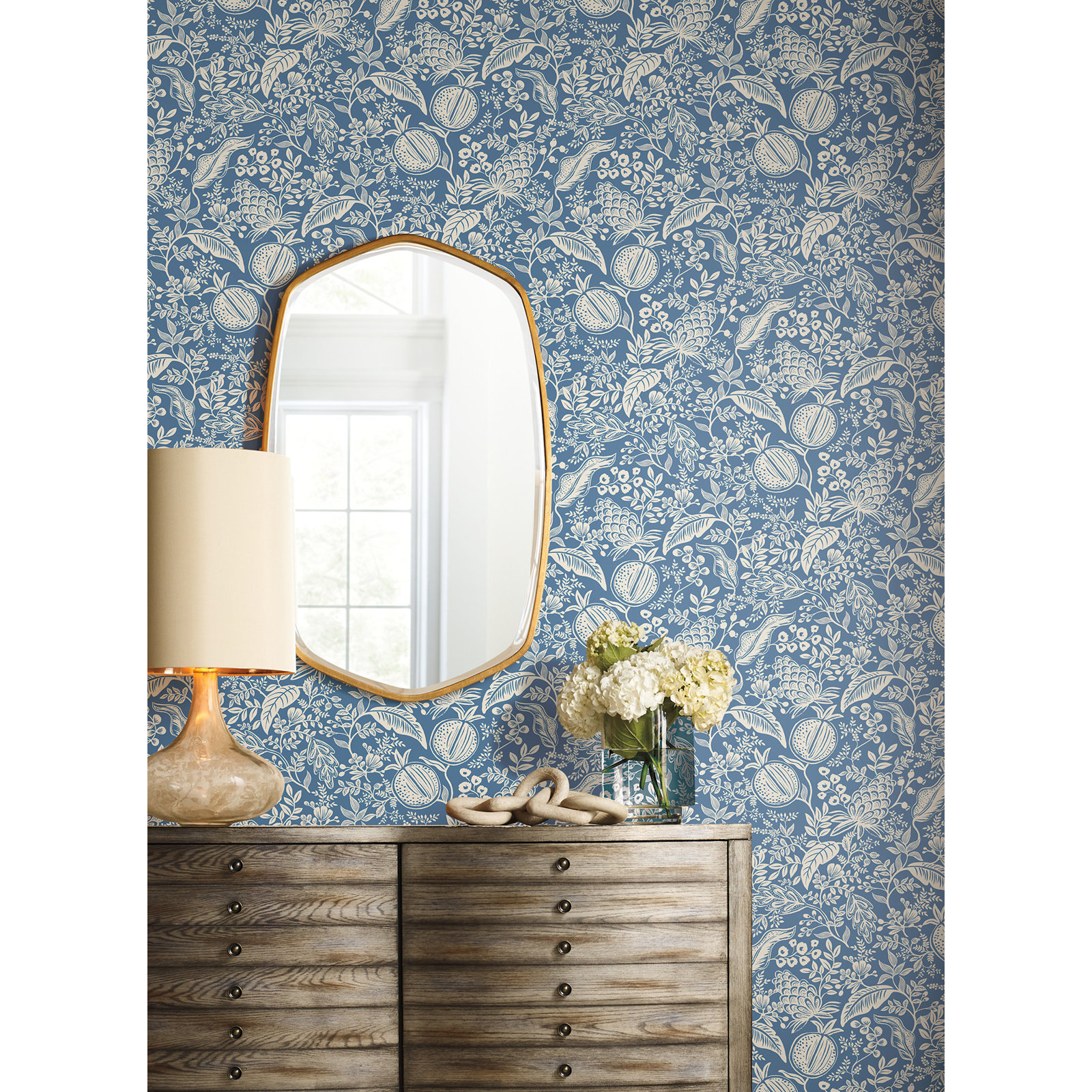 Pomegranate White Peel and Stick Wallpaper, Blue