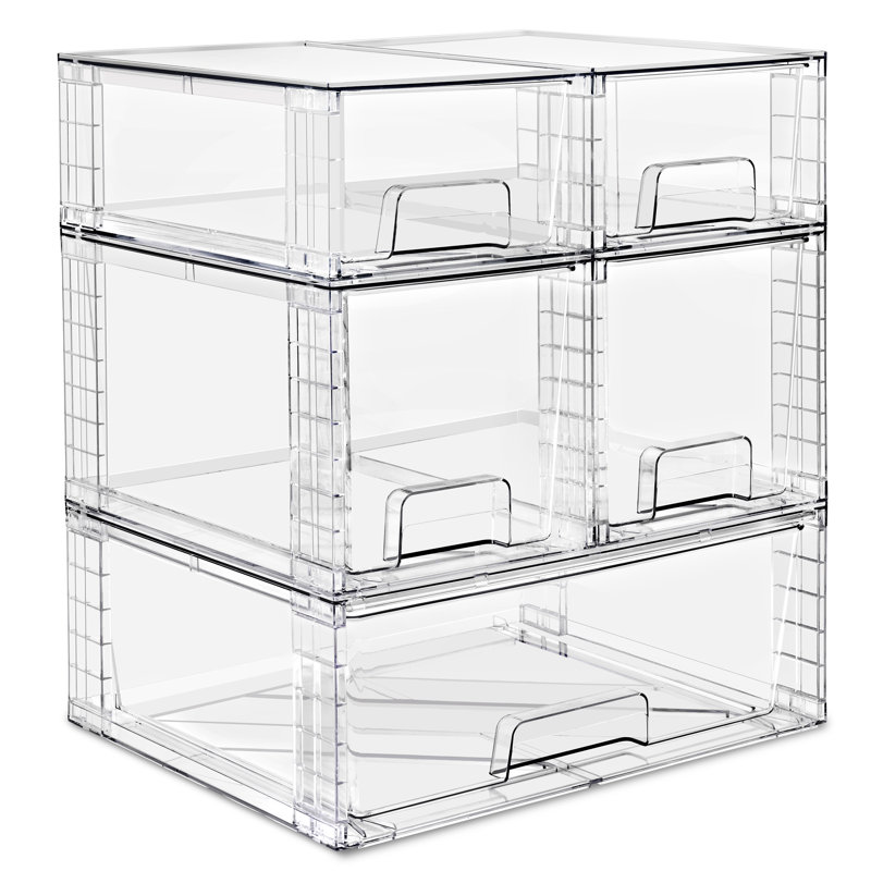 Bacs de rangement transparents empilables Sorbus, paquet de 5 (1 large + 2 moyens + 2 petits) - Organisateurs de tiroir en plastique pour l'organisation de salle de bain, de meuble-lavabo, de maquillage, sous l'évier et sur le comptoir
