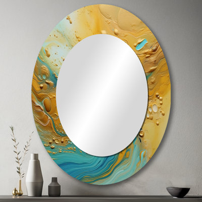Golden Ocean Waves Turquoise Abstract VI - Miroir mural moderne ovale