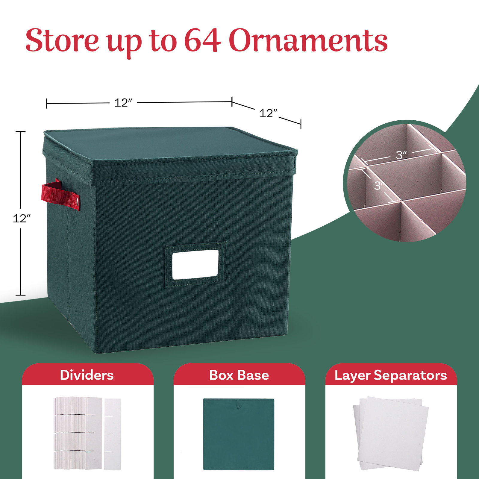 Storage Ornament Box - Holiday Organizer Cube with 64 Individual Compartments and Adjustable Dividers - For Christmas Decorations