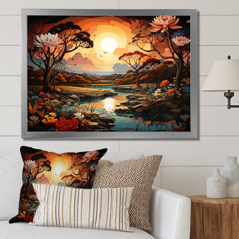 Riverforest Peach Sunset African Aura II - Landscapes Canvas Prints, H 16 po x l 32 po x P 1 po, Cadre simple argenté