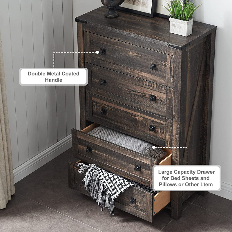 Grantville Farmhouse 5 - Drawers Dresser Organizer, Rustic Tall Chest of Drawers for Bedroom