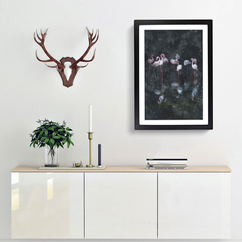 Reflection of Flamingos - Picture Frame Graphic Art Print, 33cm H x 24cm W x 2cm D, Black Framed